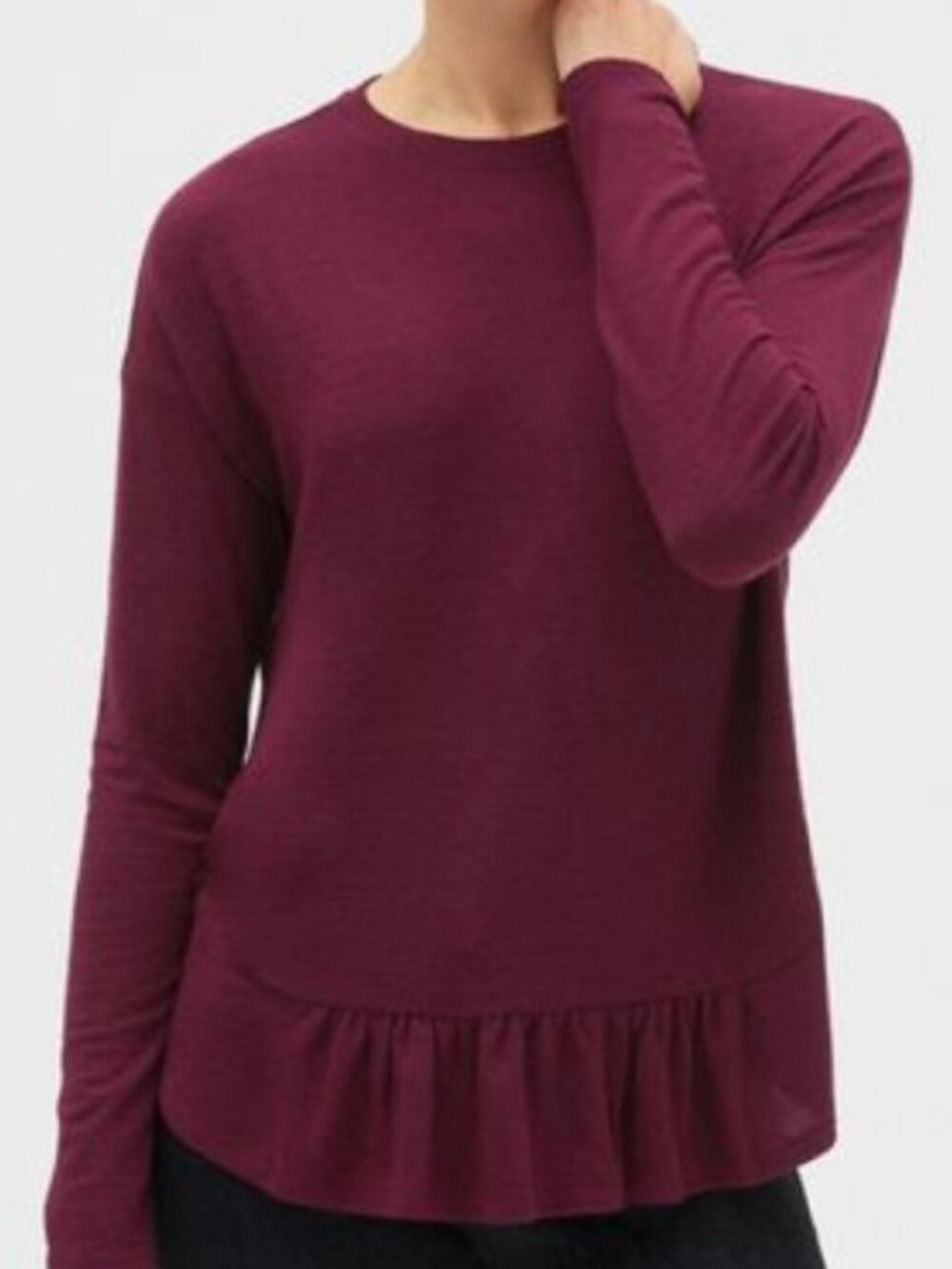 BANANA REPUBLIC Long Sleeve Ruffle Hem Top Burgundy Maroon Wine Red Blouse XS